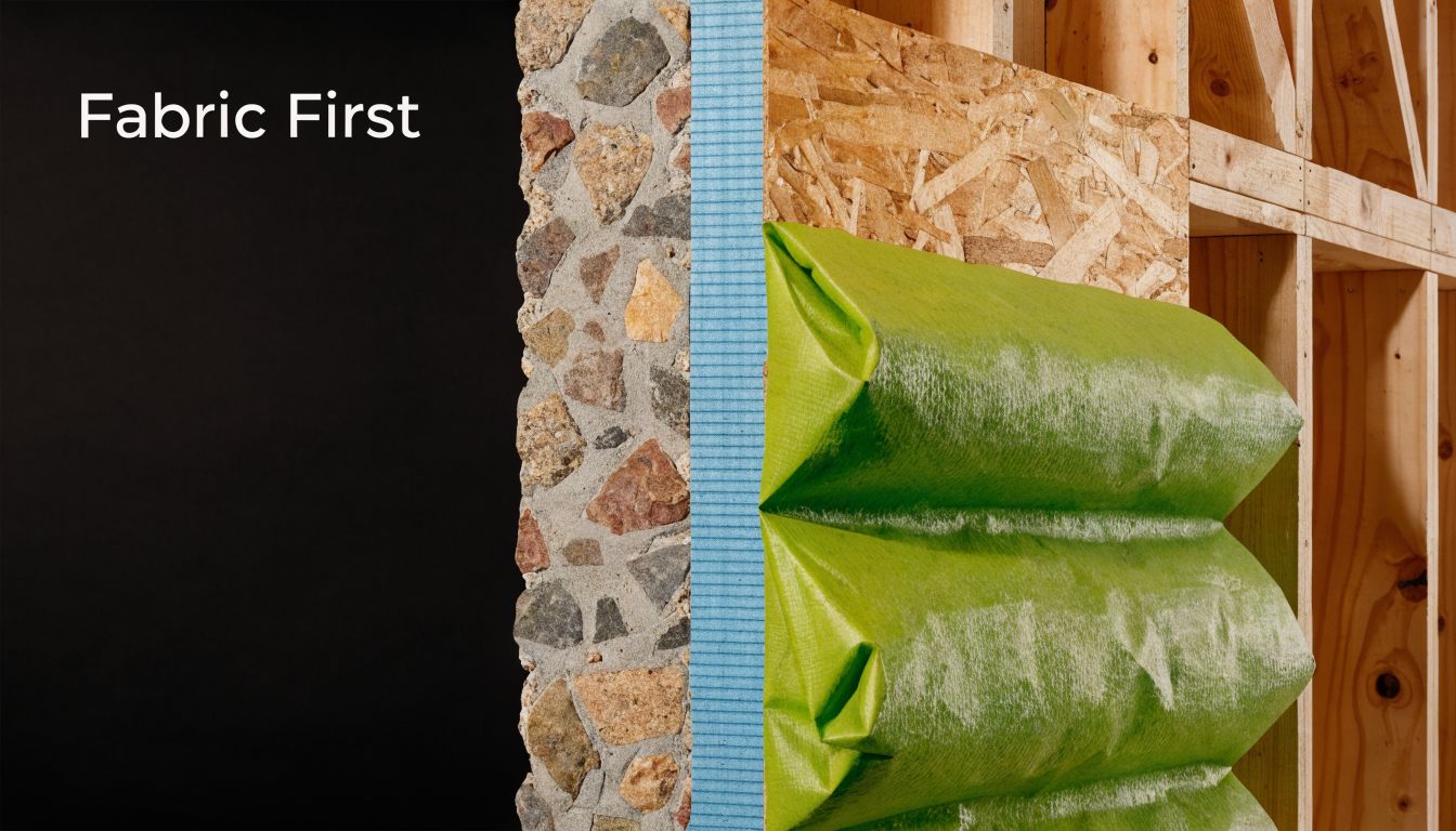 A cross-section diagram showing eco-friendly building wall construction materials including stone, insulation, and wooden structural framing.