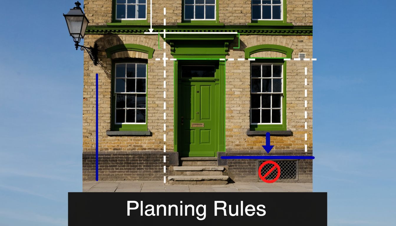 A house facade with overlay graphics illustrating planning permission rules for architectural renovations and construction.