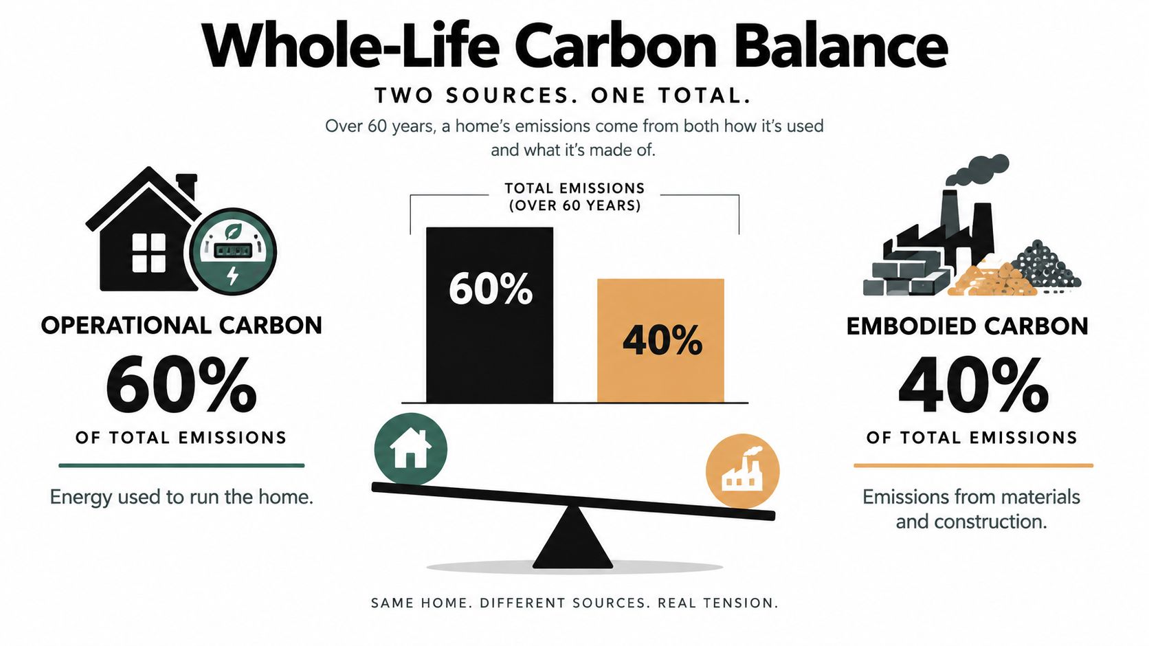 A graphic explaining whole-life carbon balance in homes, showing 60% operational carbon and 40% embodied carbon emissions.
