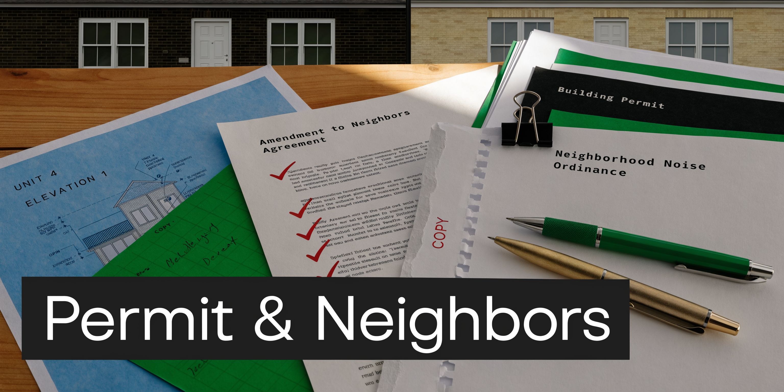 A stack of construction blueprints, building permit documents, and pens on a wooden table with houses behind.