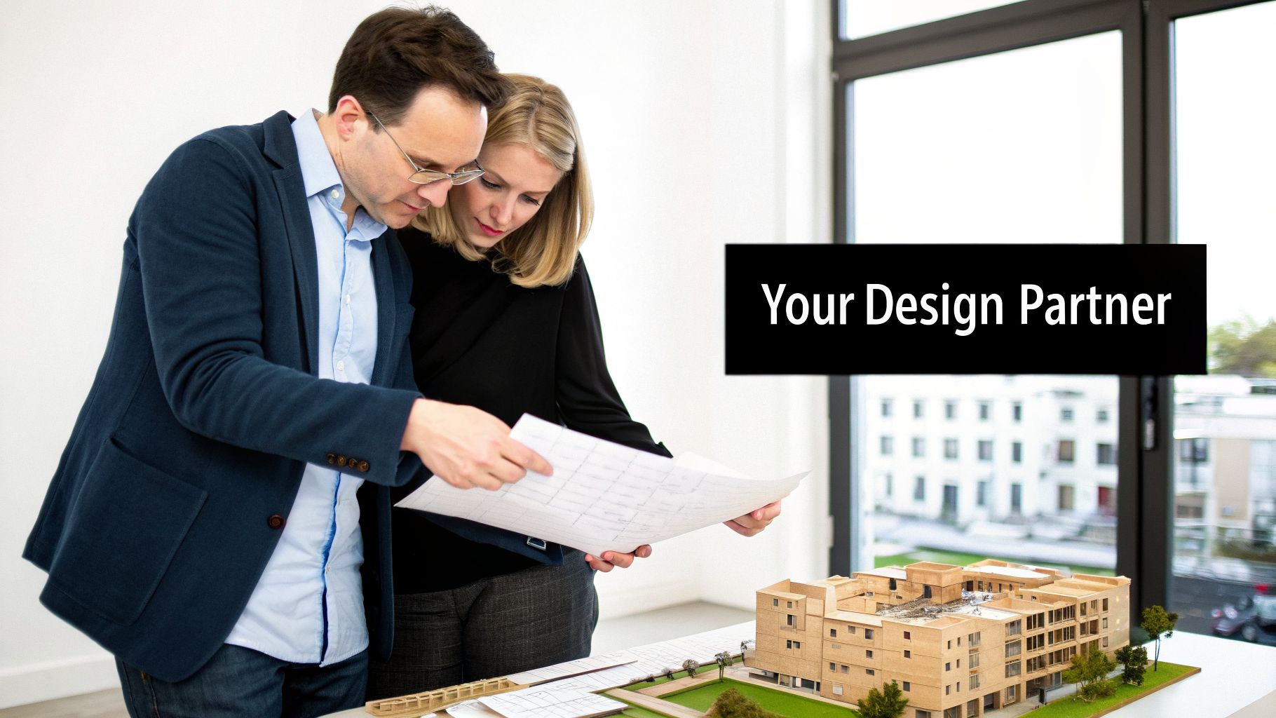 Two architects, a man and a woman, review building plans and a detailed architectural model.