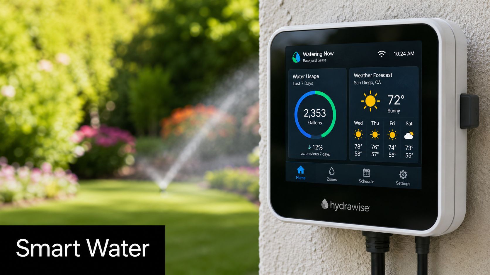 A modern smart water irrigation controller mounted on an outdoor wall next to a lush garden.