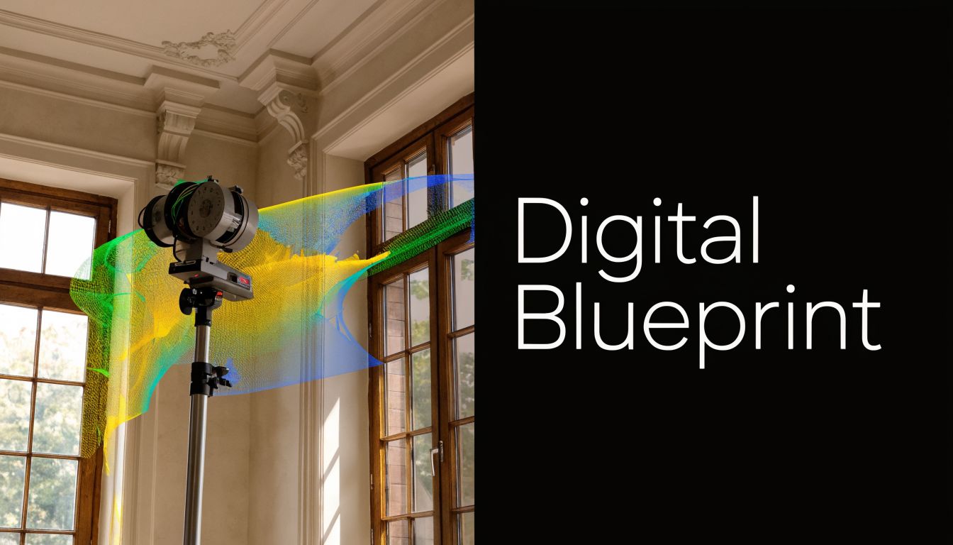 A 3D laser scanner captures precise digital measurements of an interior room with elegant window moldings.