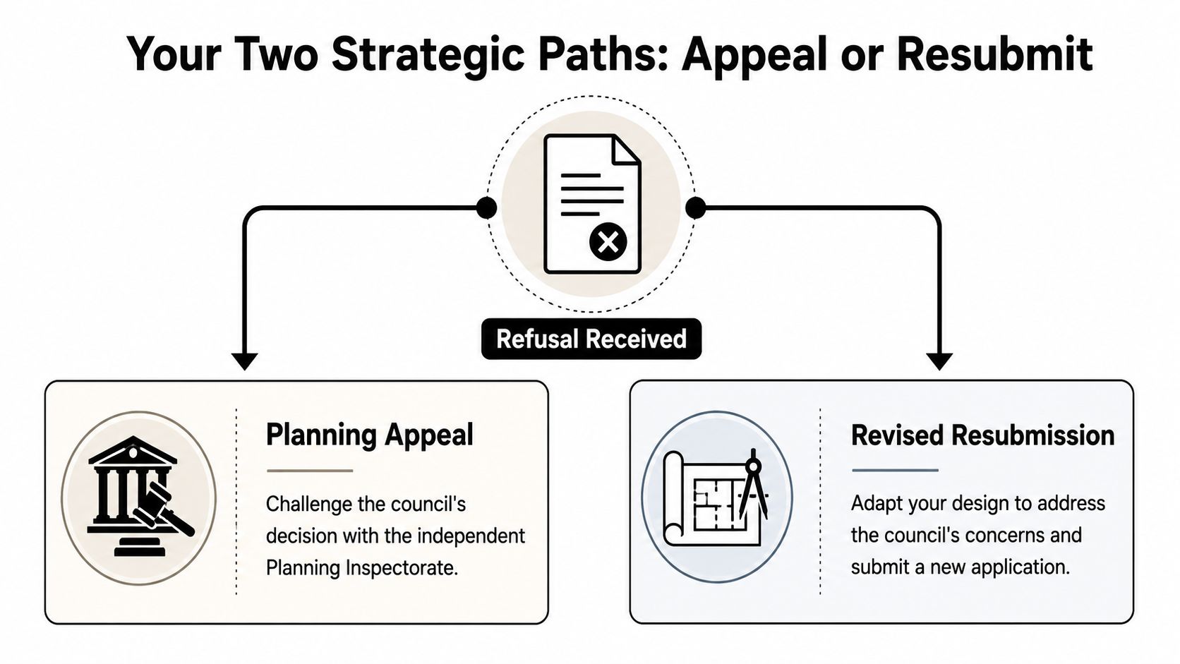 A flowchart showing two options after a planning refusal: submitting a planning appeal or a revised resubmission.