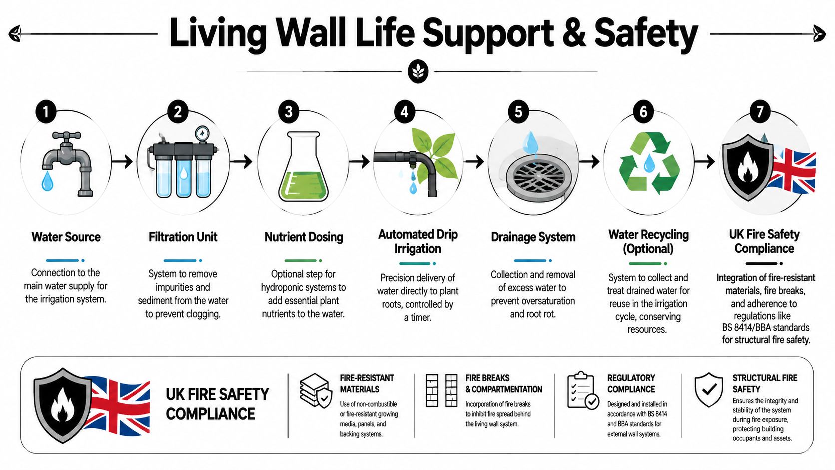 A diagram illustrating the seven-step life support and fire safety system for living wall installations.