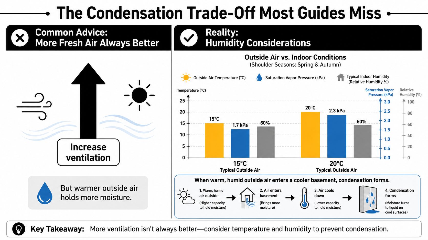 A diagram explaining why increased ventilation can cause basement condensation by bringing in humid, warm outdoor air.