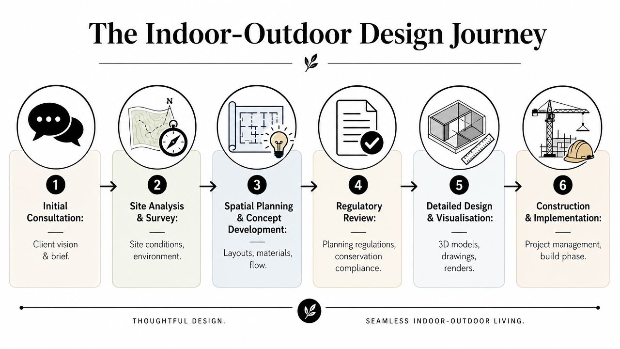 A flowchart diagram illustrating the six steps of an indoor-outdoor living design and construction process.