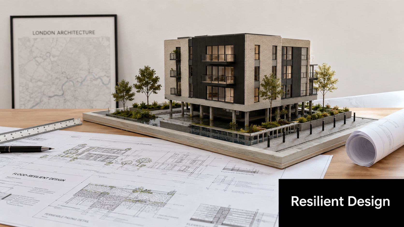 A scale architectural model of a flood-resilient building displayed with blueprints on a wooden desk.