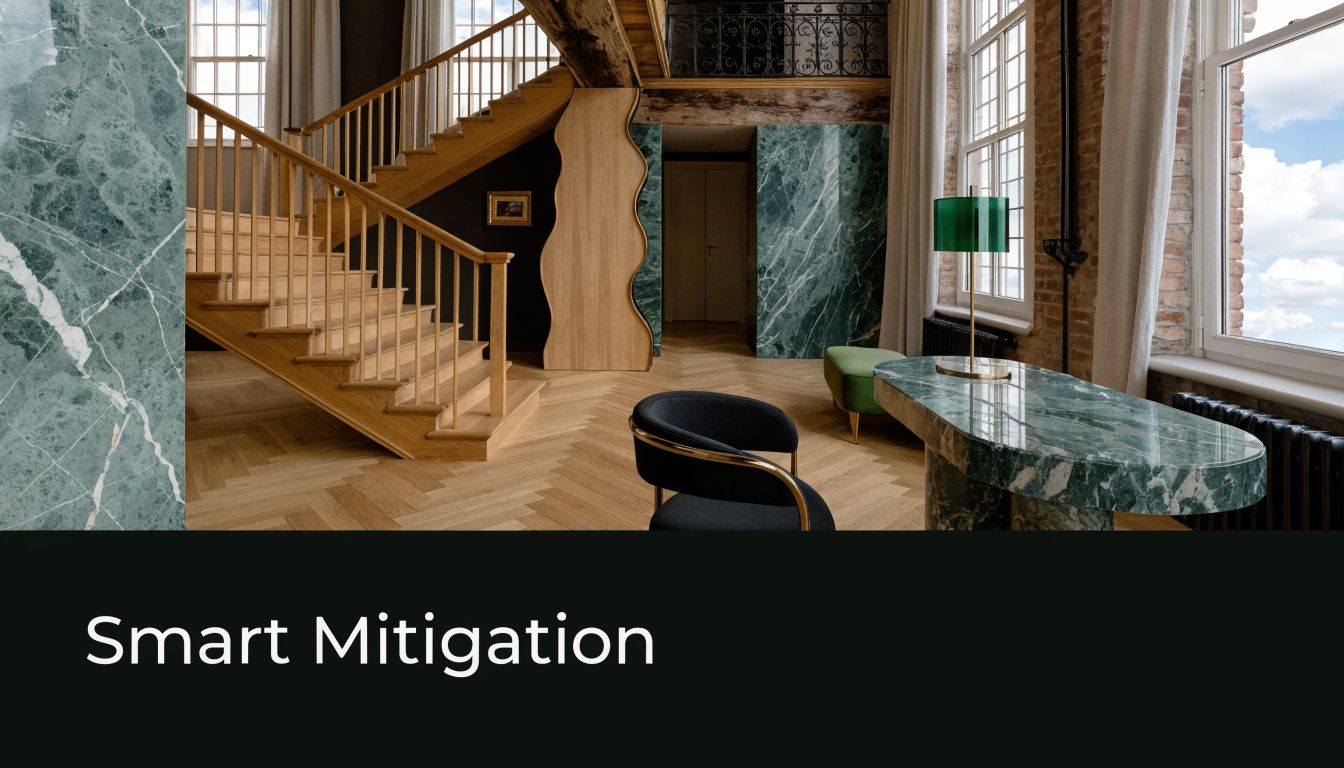 An elegant modern home interior featuring a green marble desk, a wooden staircase, and herringbone flooring.