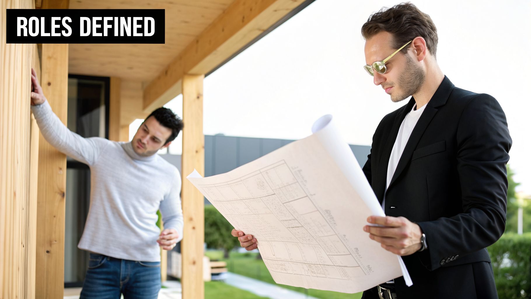Two men, possibly architects or builders, inspecting a wooden building and reviewing blueprints.