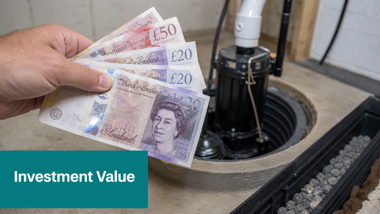 A hand holding British banknotes in front of a basement sump pump drainage system installation.