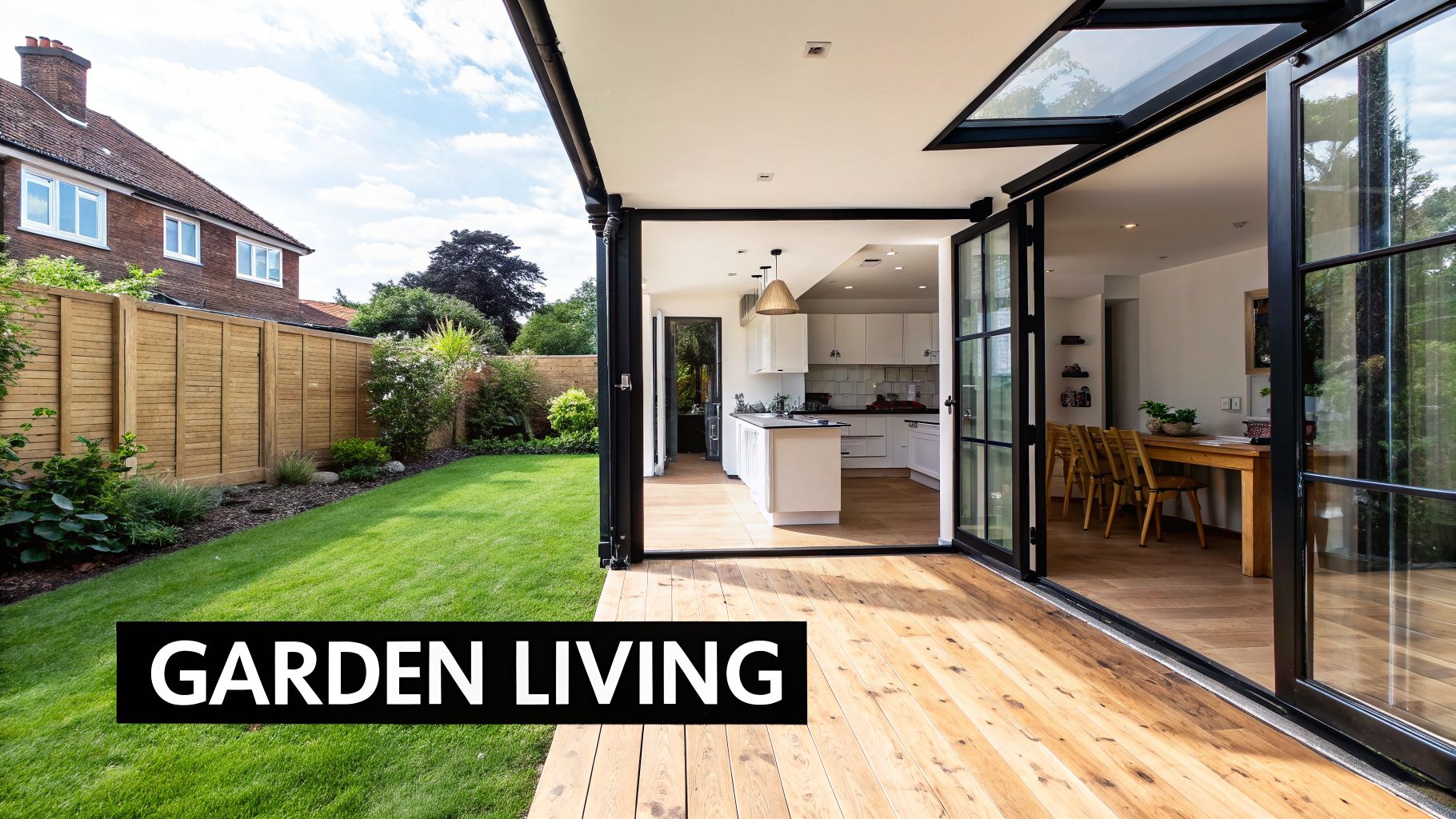 A modern house extension with large glass bi-fold doors opening to a wooden deck and green garden.
