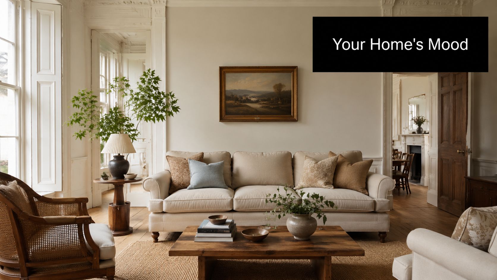 A cozy, sunlit living room featuring neutral beige furniture, a wooden coffee table, and elegant traditional decor.