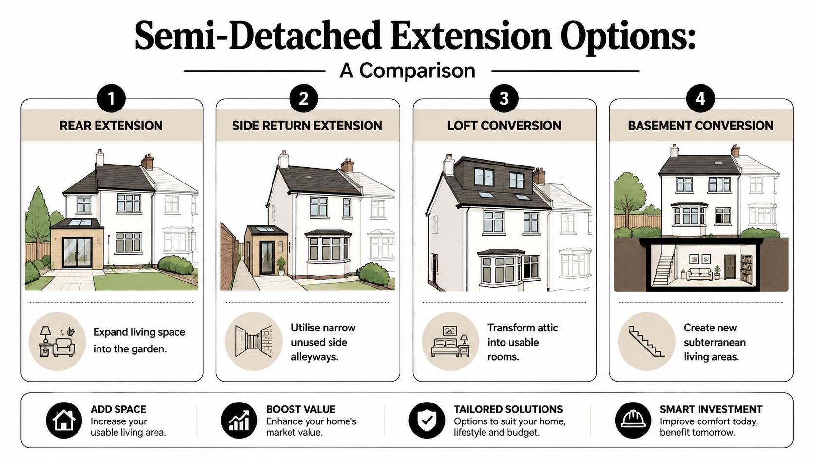 An infographic showing four common extension types for semi-detached houses including rear, side, loft, and basement options.