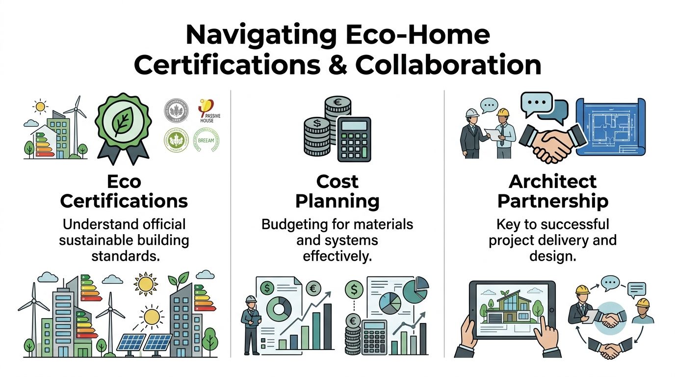 An infographic showing essential steps for building eco-friendly homes including certifications, cost planning, and architectural partnerships.