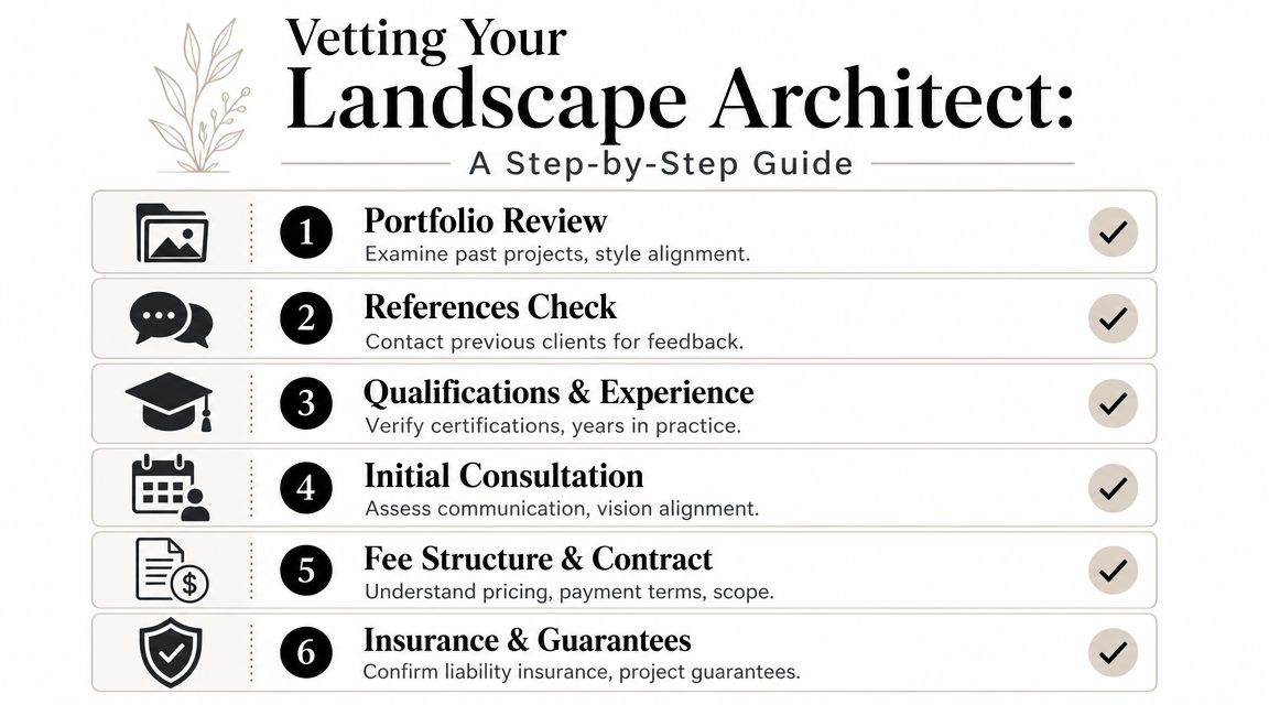 A six-step infographic guide titled Vetting Your Landscape Architect, detailing professional hiring and evaluation practices.