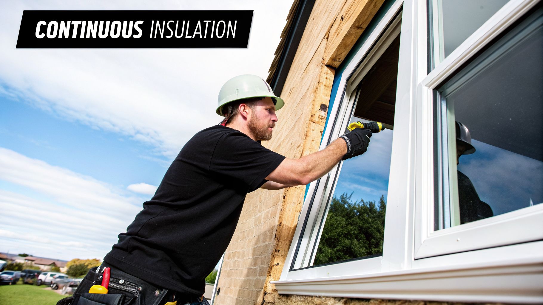 A construction worker in a hard hat installing a white window frame in a building with continuous insulation.