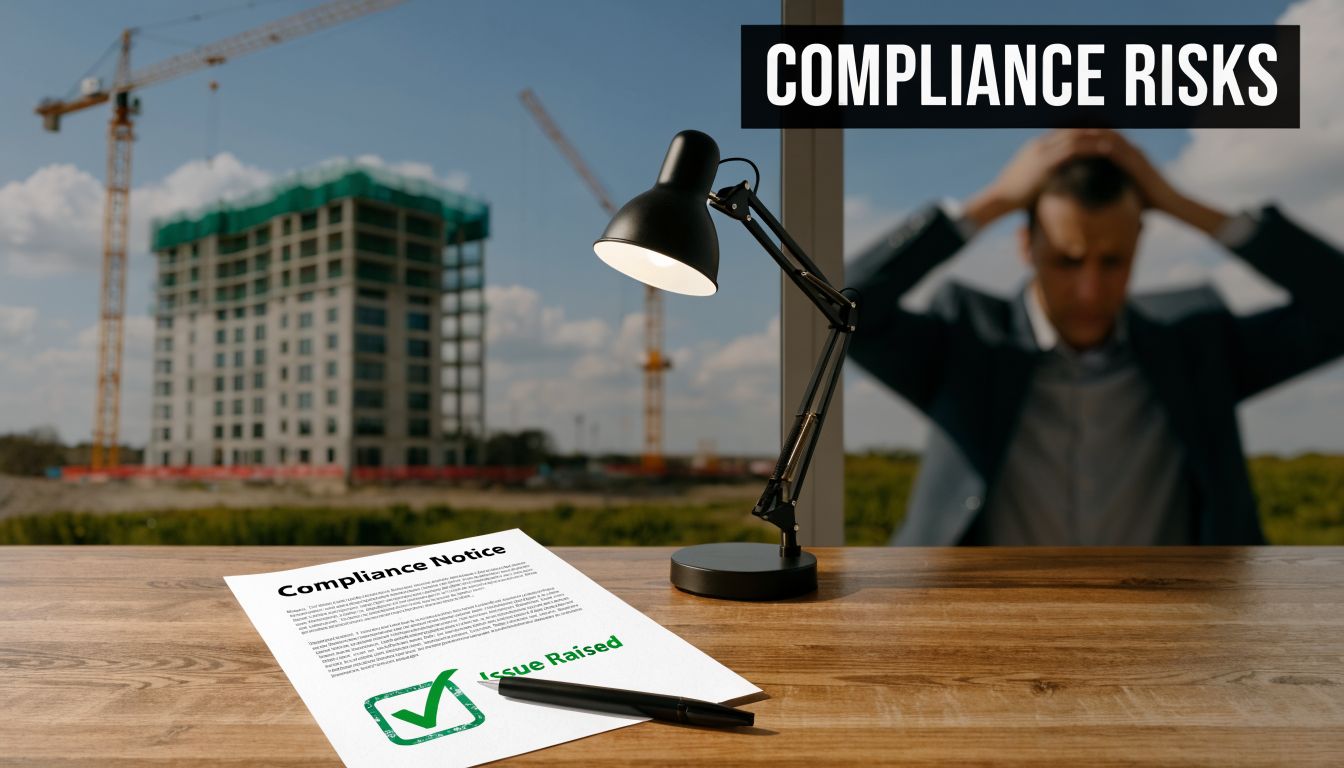 A compliance notice document sits on a wooden desk with a lamp, highlighting construction industry regulatory risks.