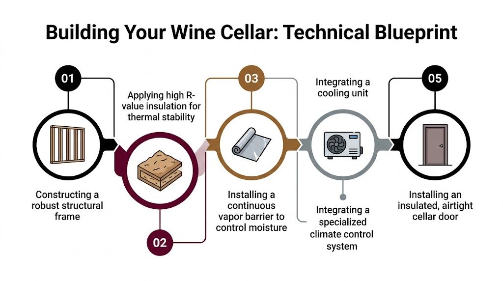 A five-step technical infographic outlining the essential construction phases for building a high-quality home wine cellar.
