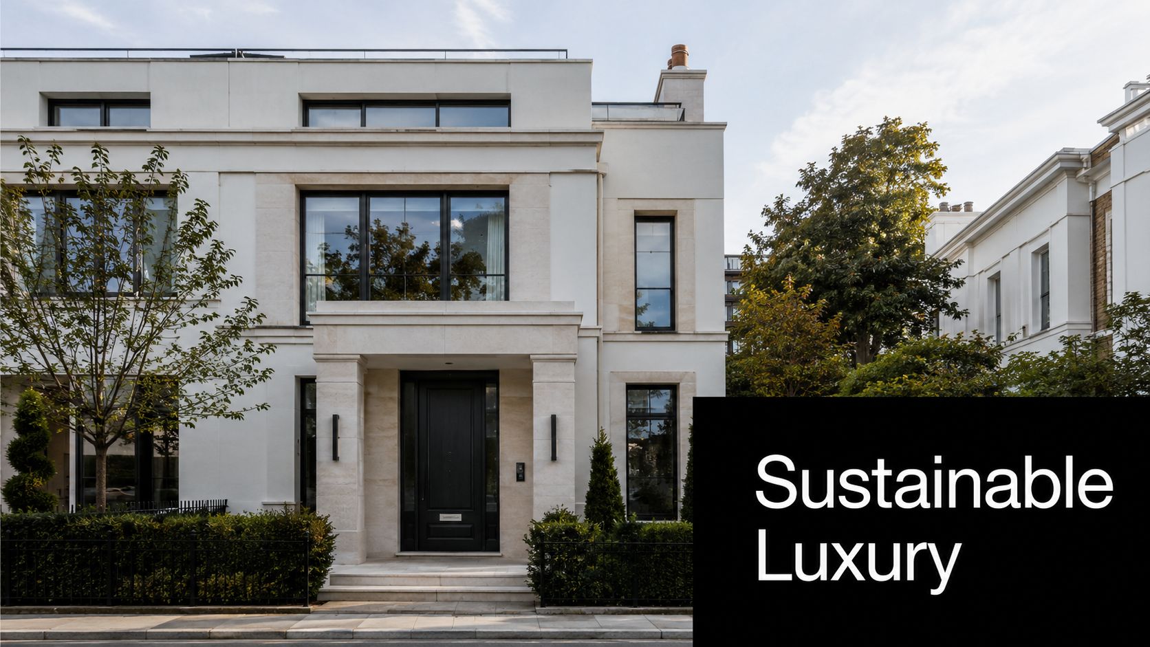 A modern luxury stone townhouse with large windows and a manicured garden on a sunny street.