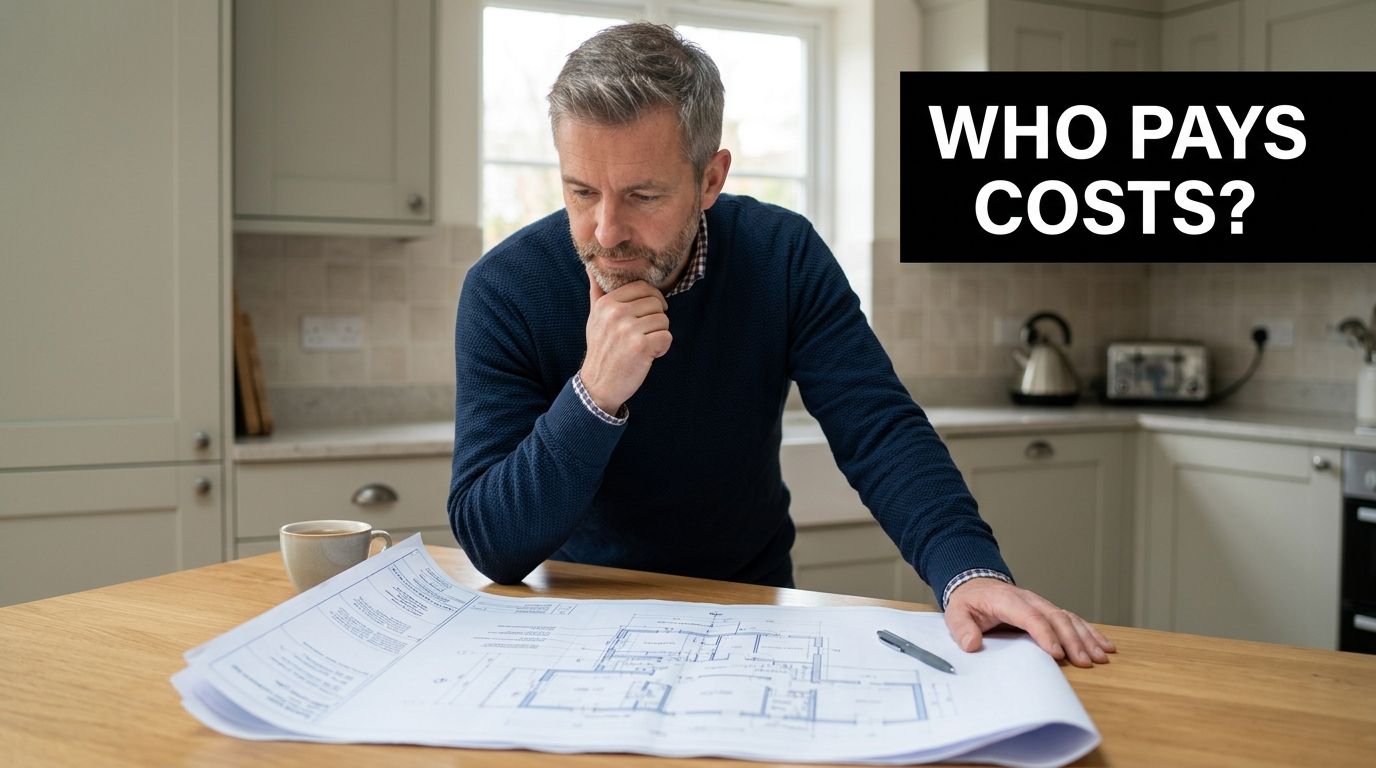 A middle-aged man in a blue sweater thoughtfully examines blueprints on a kitchen counter.