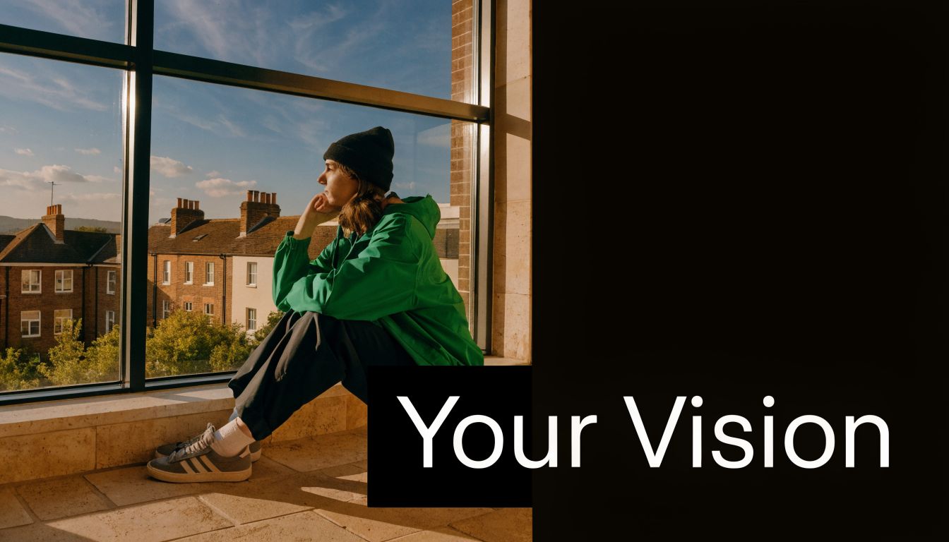 A young person wearing a beanie and green hoodie sits by a large window overlooking houses.