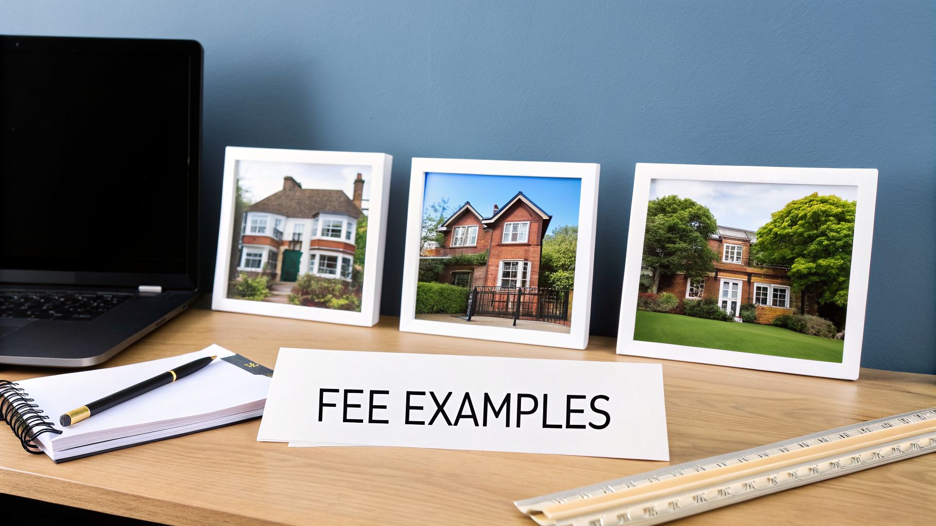 Desk setup with laptop, notebook, pen, and framed house pictures alongside a 'FEE EXAMPLES' sign.