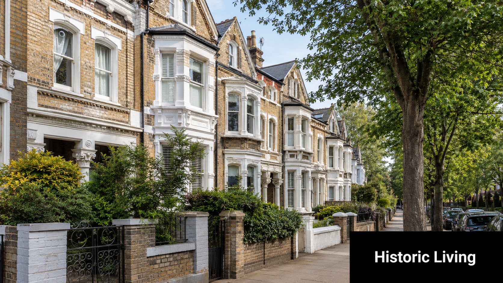 A scenic row of historic brick Victorian terraced houses lining a tree-lined street in a residential neighborhood.