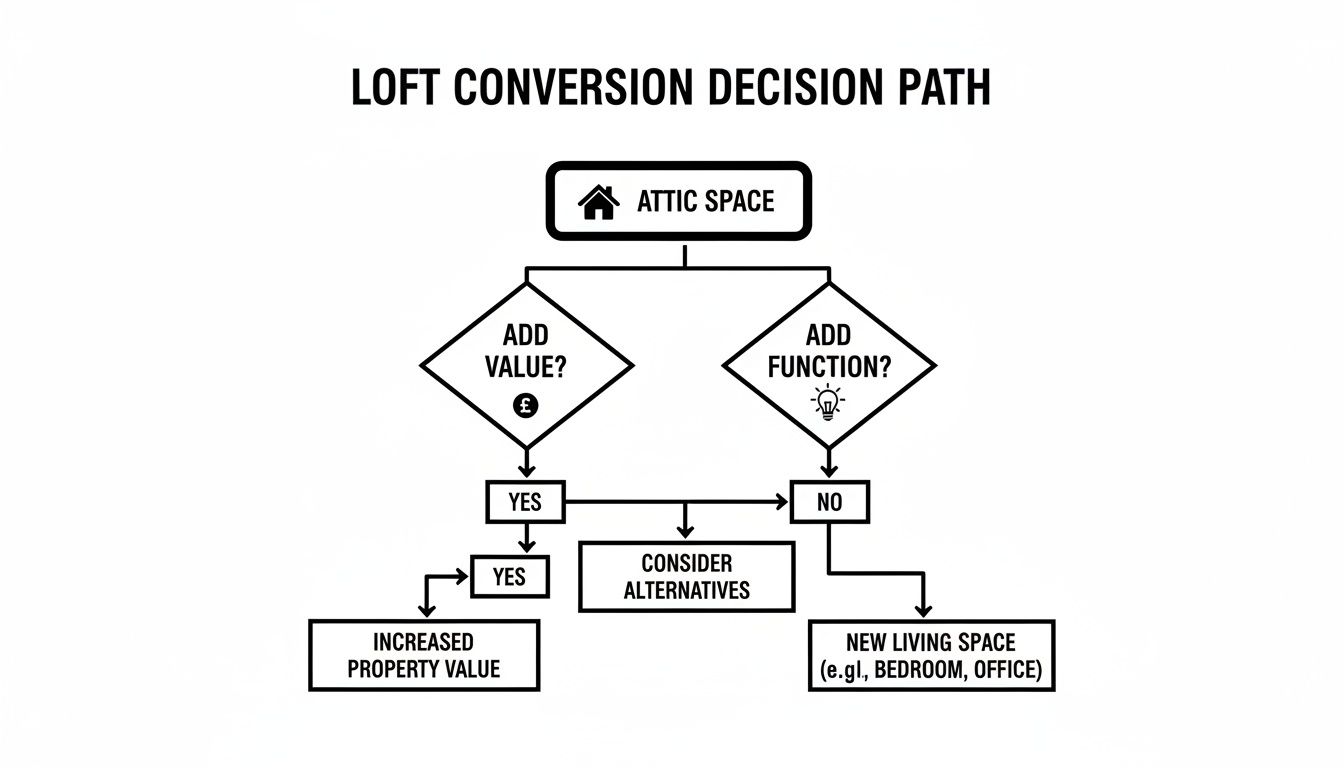 Flowchart illustrating a loft conversion decision path for adding value or function to attic space.