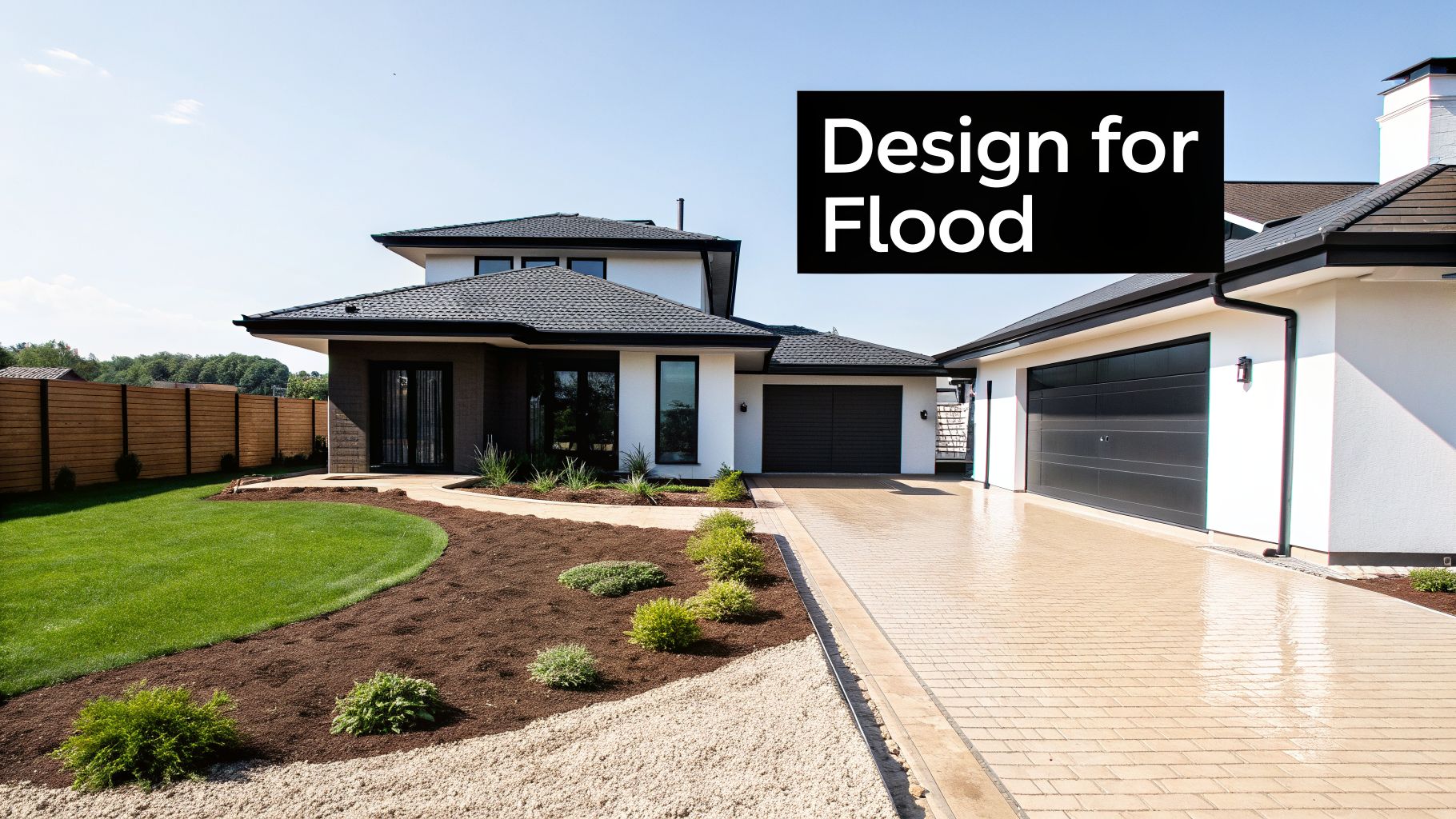 A modern white and dark-colored house with a green lawn, landscaping, and a paved driveway.