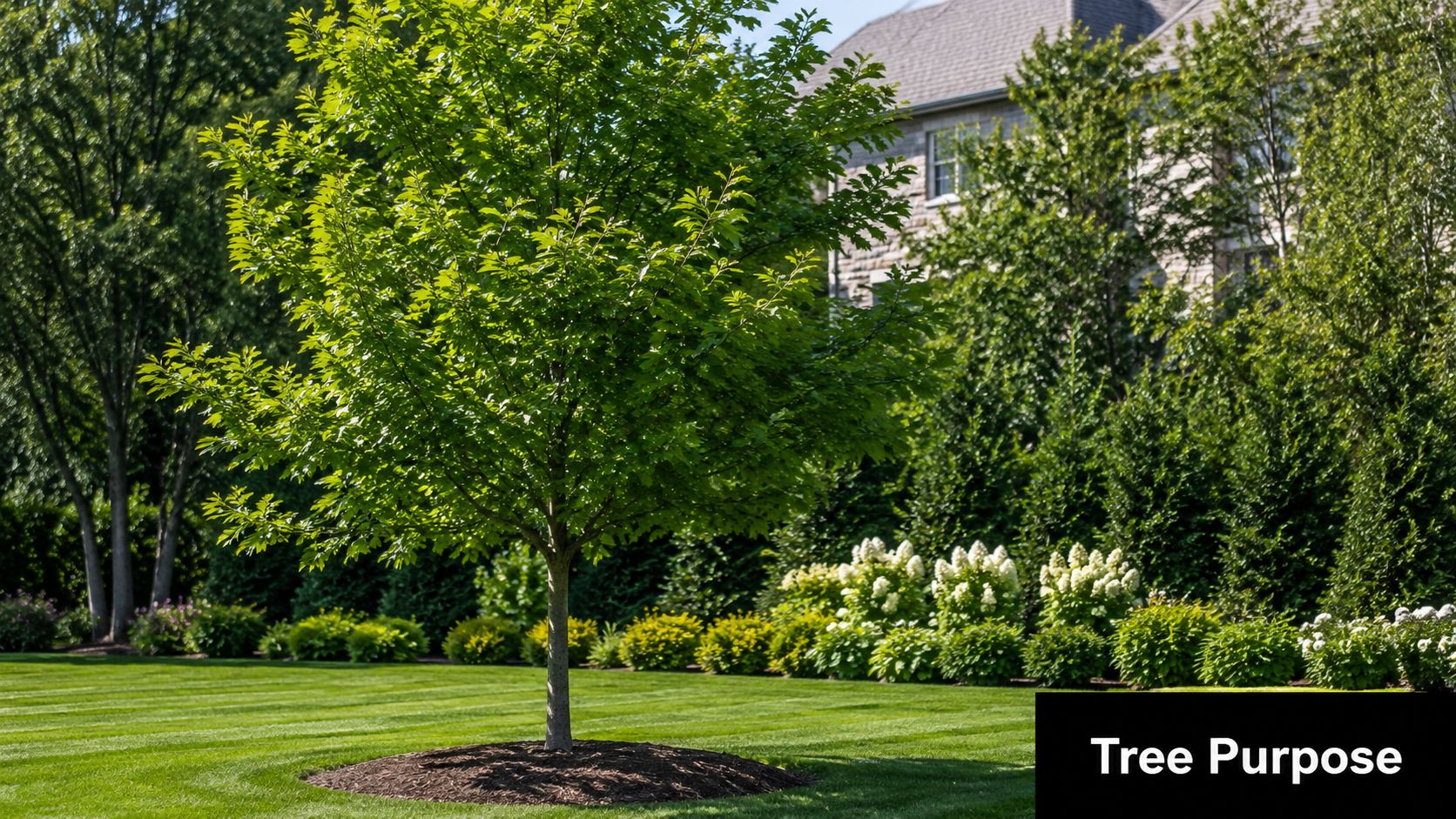 A young, healthy green tree centered in a manicured lawn in front of a house landscape.