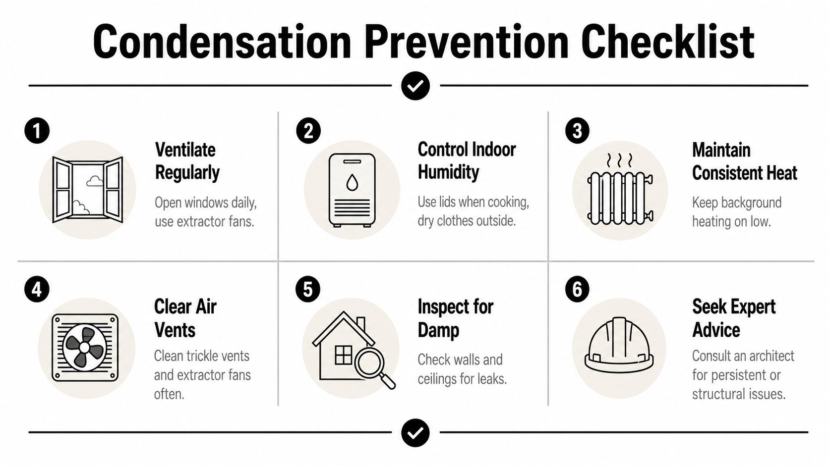 A six-point infographic titled Condensation Prevention Checklist detailing tips to manage moisture and humidity in homes.