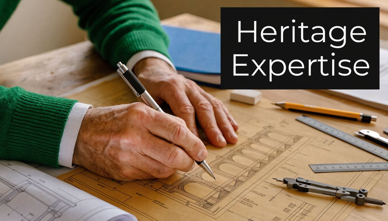 A close-up of an architect's hands drawing professional building blueprints on a desk with drafting tools.