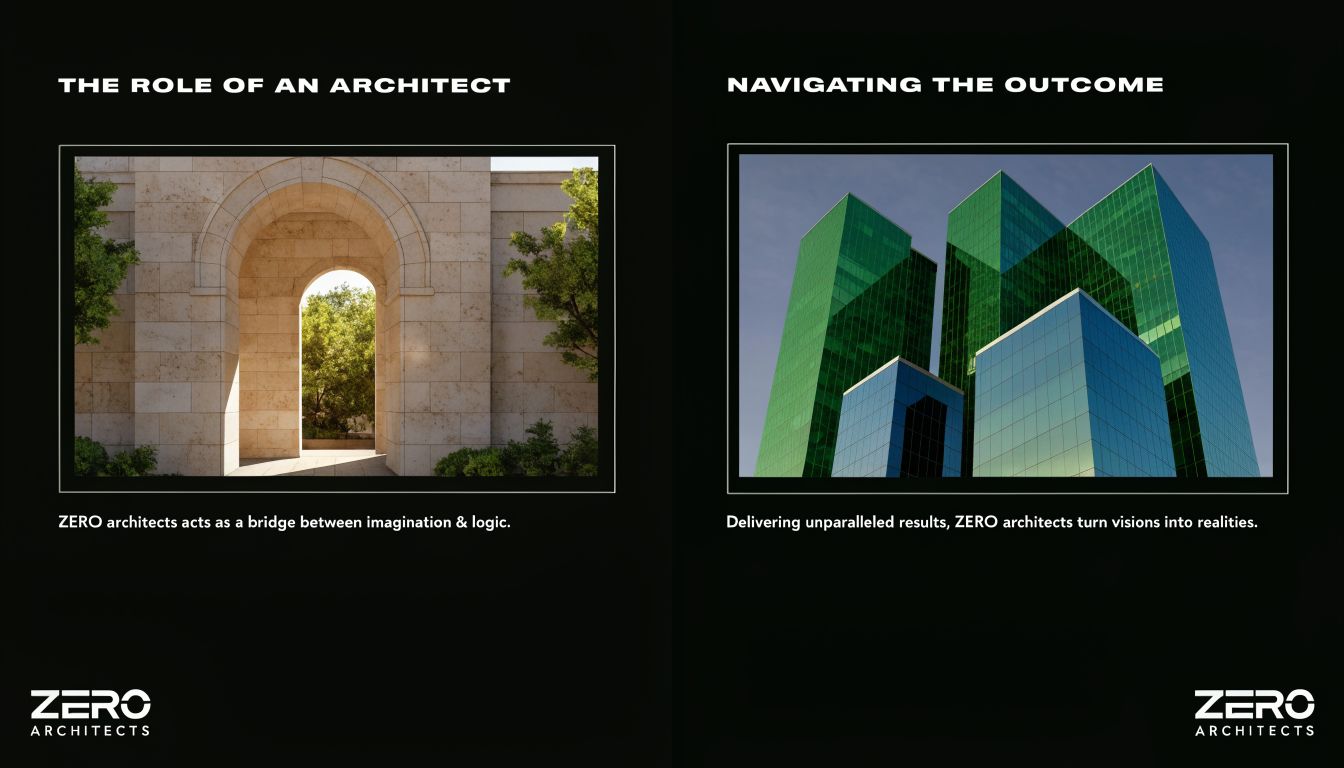 Visual presentation by ZERO Architects featuring architectural designs for project planning and building development concepts.