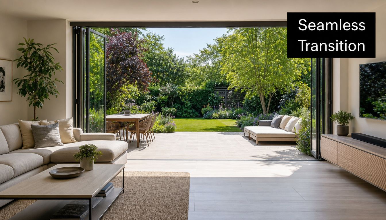 A modern living room with large folding glass doors opening onto a sunny patio and green garden.