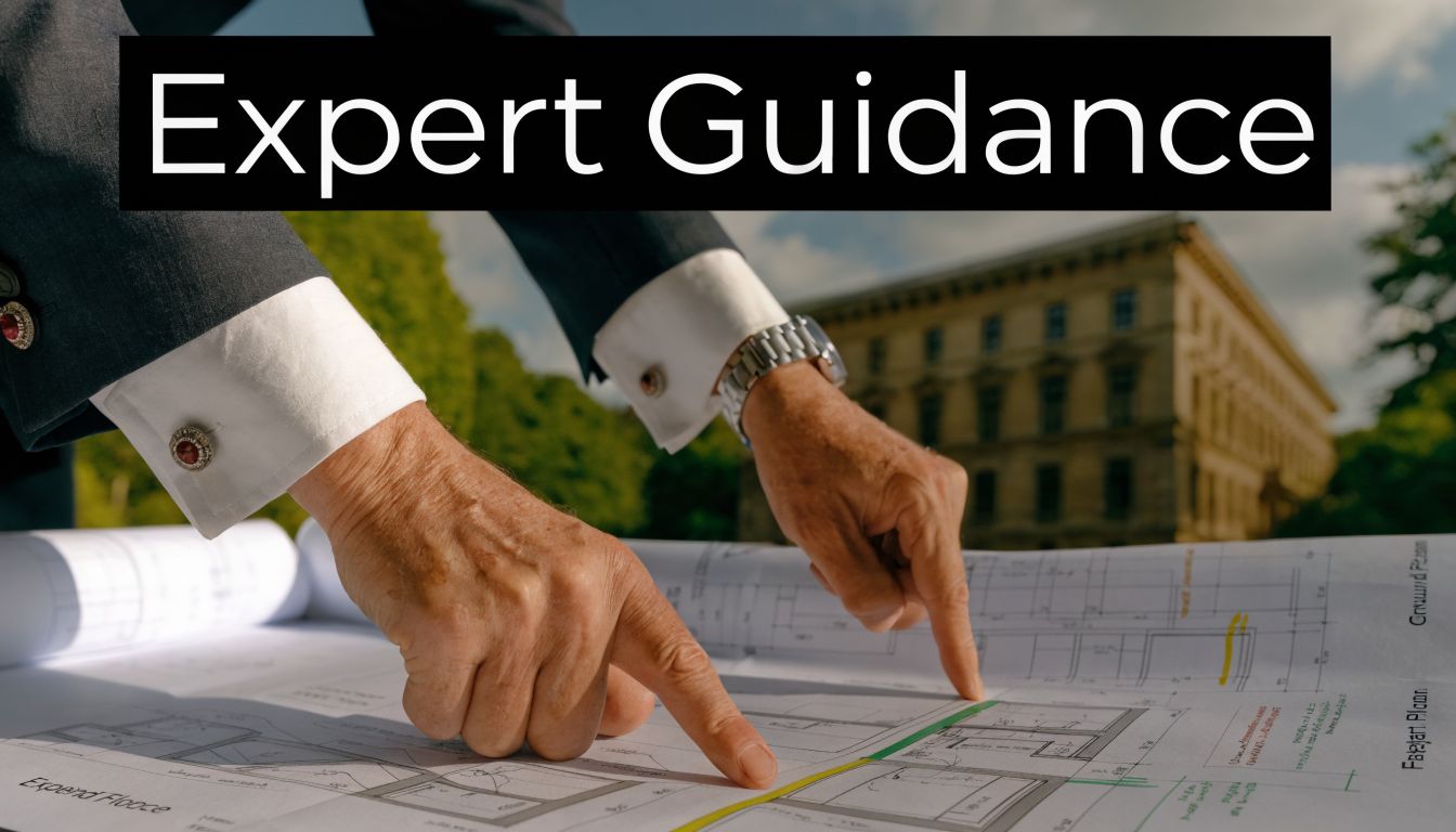 A professional in a suit pointing at architectural blueprints with an old building in the background.