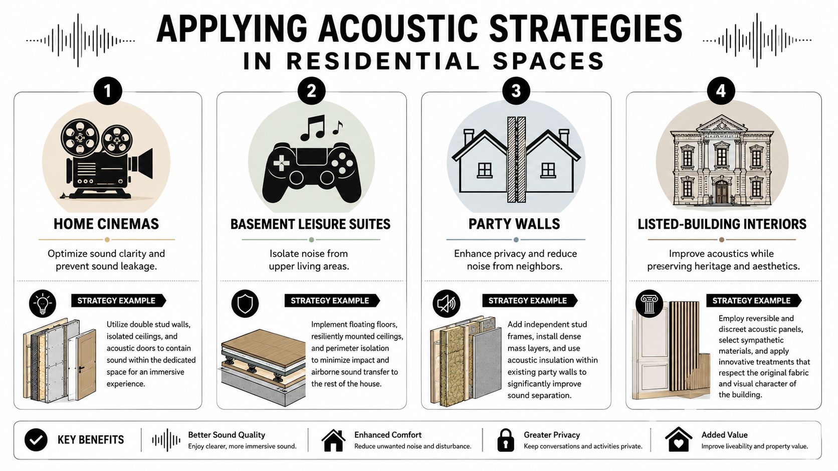 An infographic detailing acoustic strategies for residential spaces including home cinemas, basement suites, party walls, and heritage buildings.
