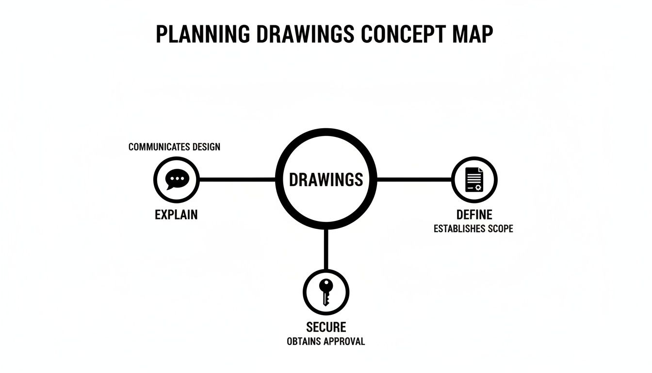 A concept map illustrating how planning drawings explain design, define scope, and secure approval.