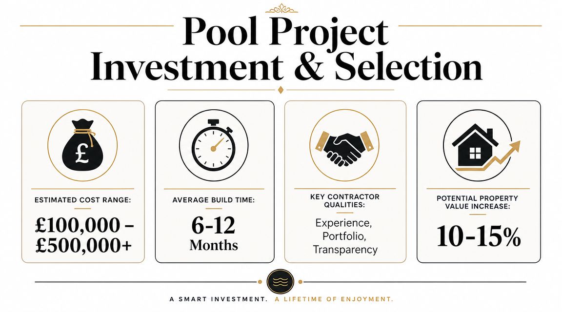 An infographic detailing the financial investment, build time, contractor qualities, and property value increase for swimming pool projects.