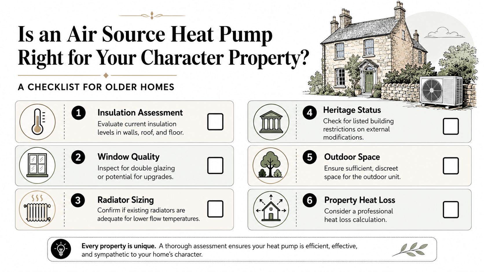 A checklist infographic titled Is an Air Source Heat Pump Right for Your Character Property for older homes.