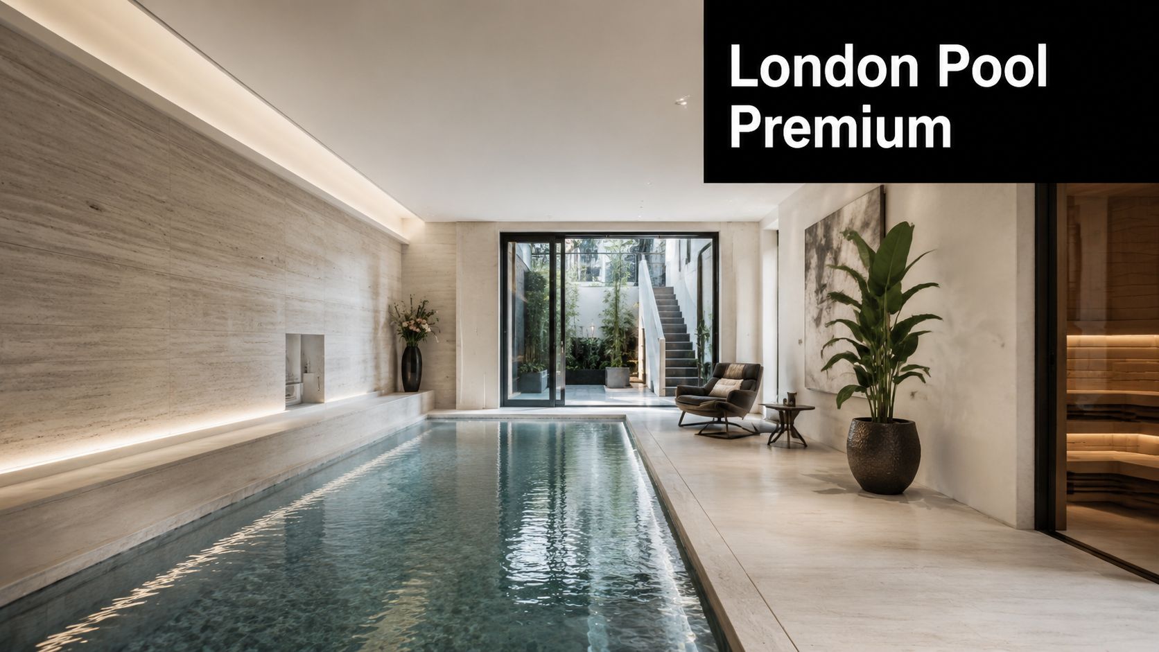 A luxurious indoor swimming pool in a modern home with natural stone walls, a lounge chair, and sauna.
