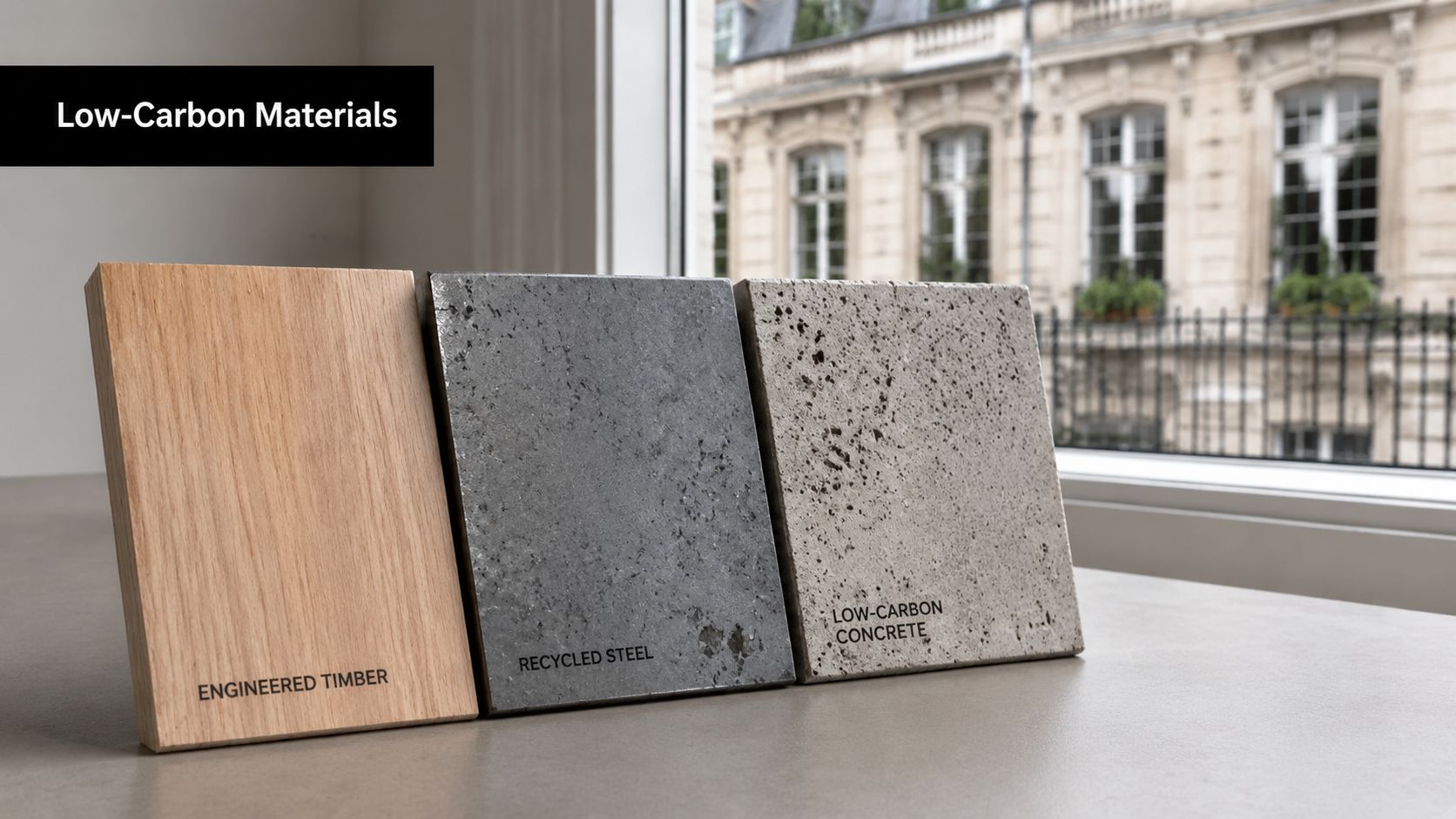 Three material samples representing low-carbon construction options: engineered timber, recycled steel, and low-carbon concrete on a desk.