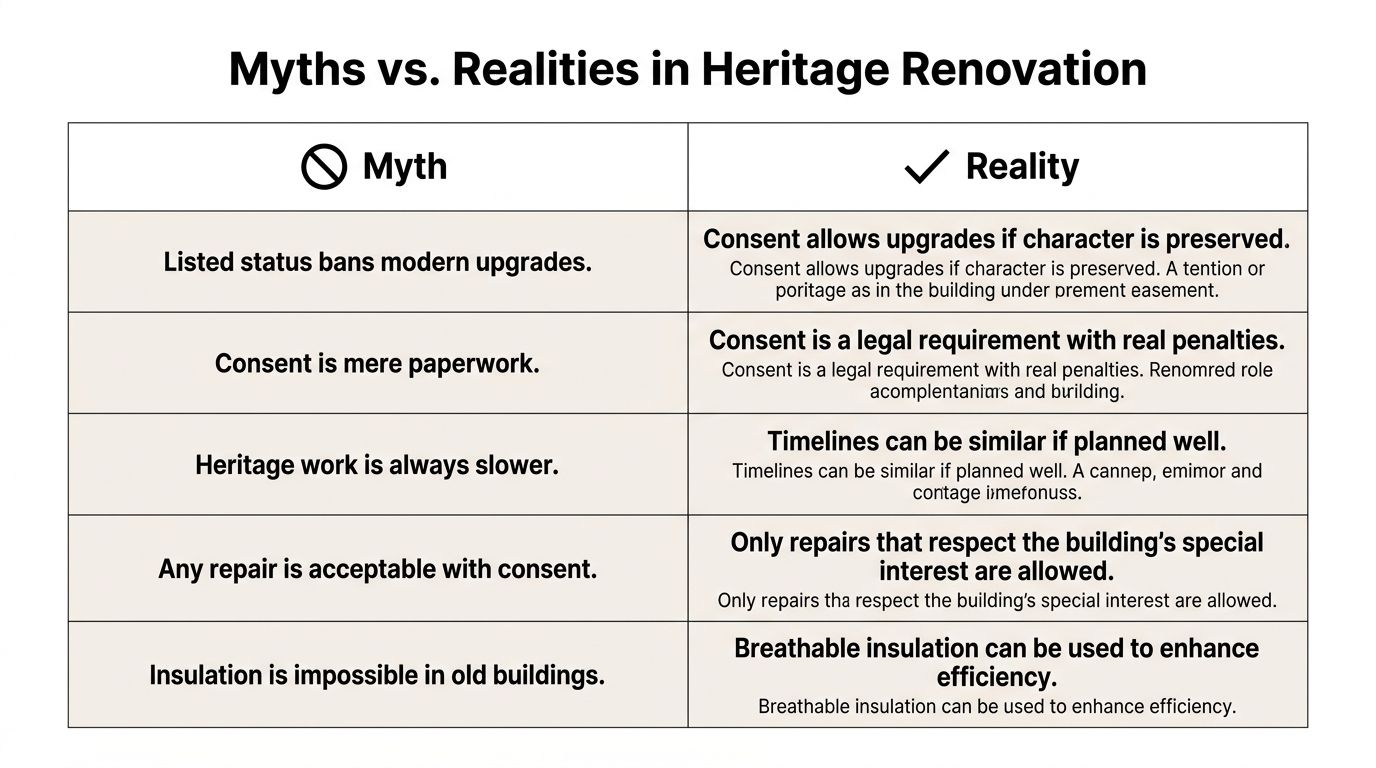 A comparison chart table titled Myths vs. Realities in Heritage Renovation listing five common renovation misconceptions.