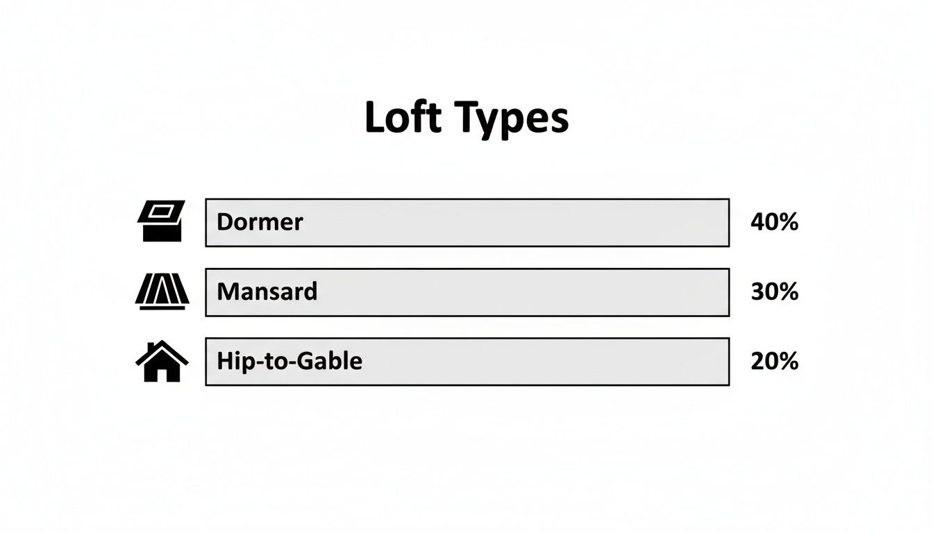 A bar chart illustrating popular loft conversion types and their respective percentages: Dormer (40%), Mansard (30%), Hip-to-Gable (20%).