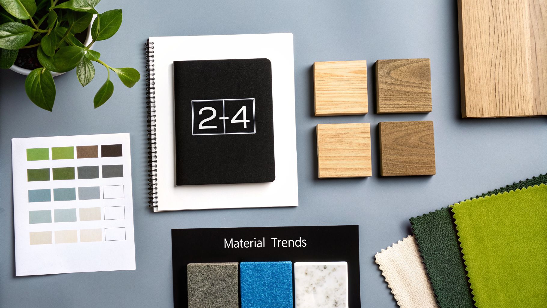 Flat lay of interior design materials: fabric swatches, wood samples, a color palette, and a plant.