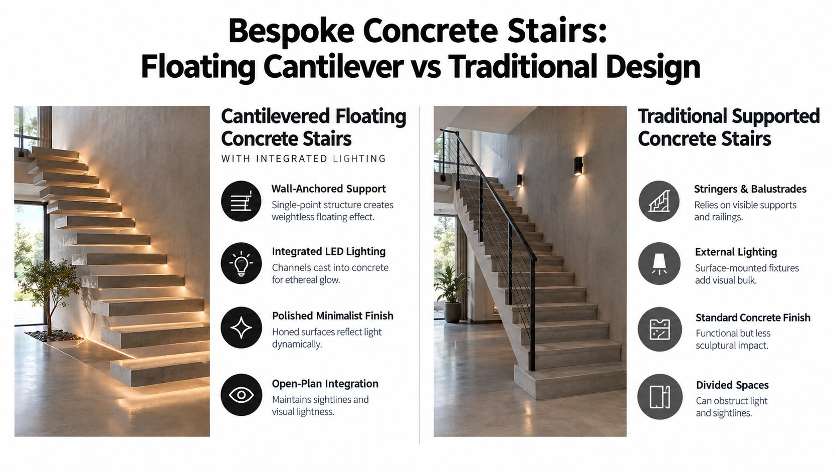 A comparison infographic between cantilevered floating concrete stairs and traditional supported concrete staircases in modern homes.