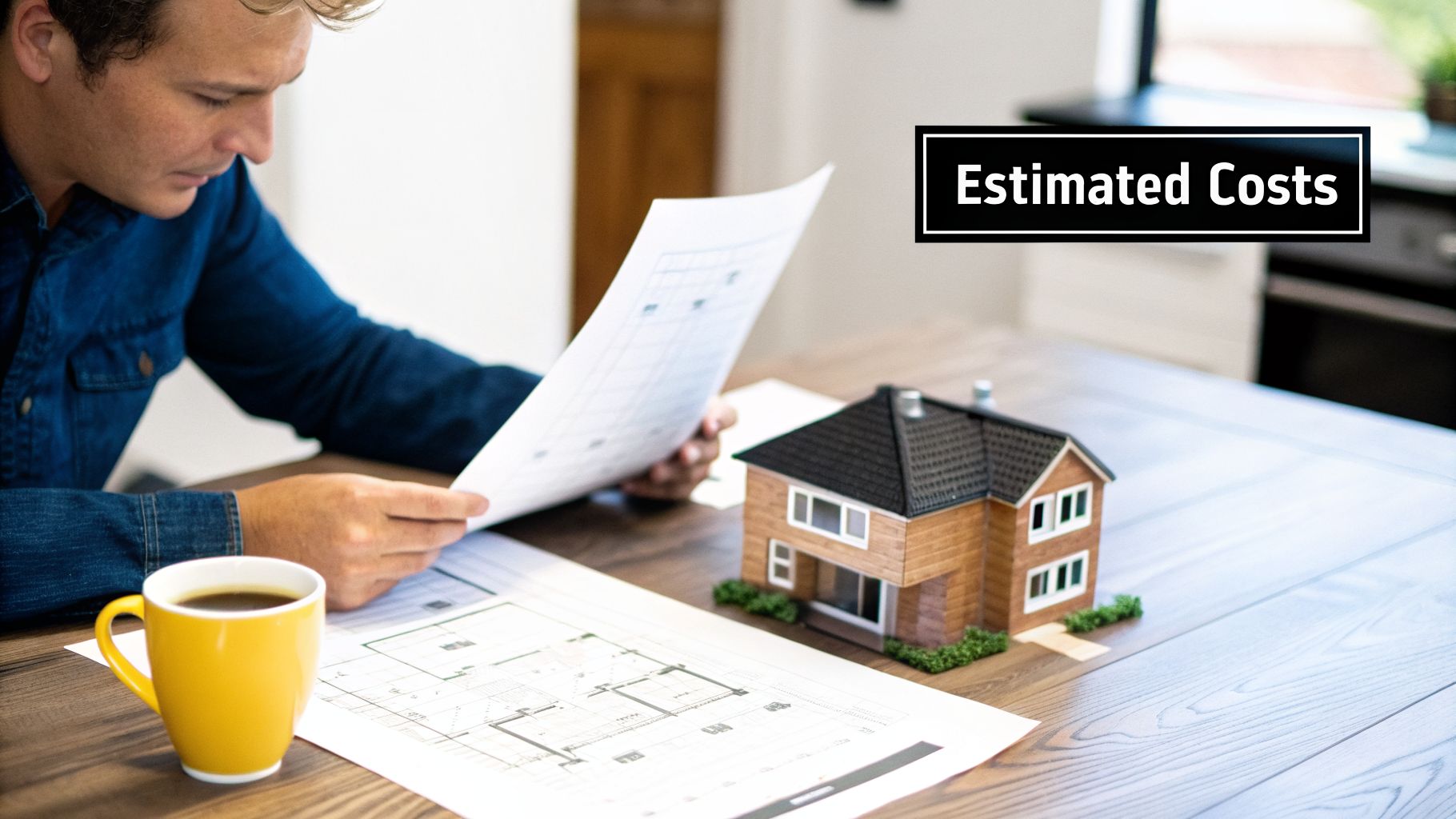A man reviews architectural plans with a model house and a 'Estimated Costs' overlay on a wooden table.