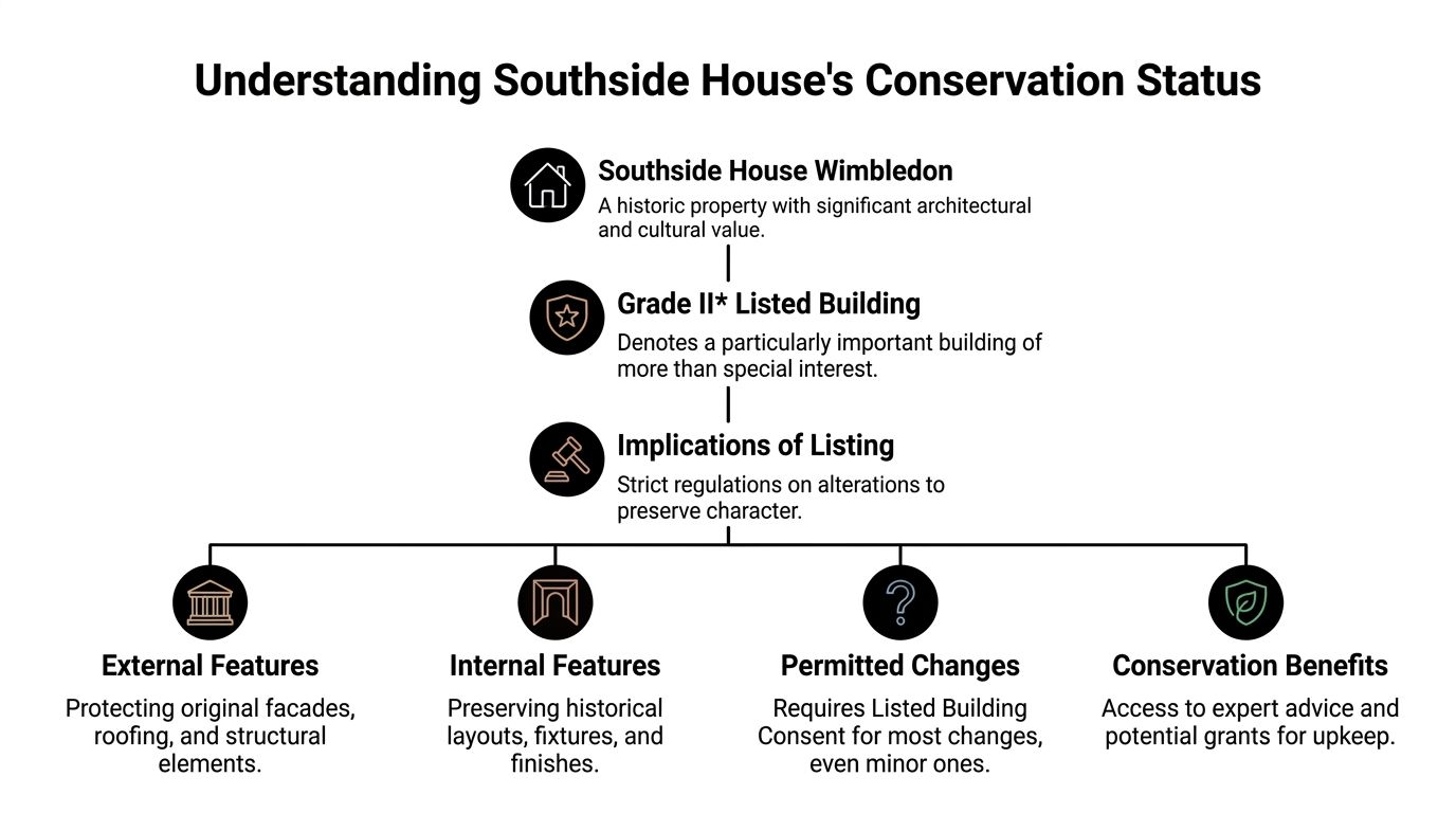 An infographic diagram outlining the conservation status, classification, and regulatory implications for Southside House Wimbledon.
