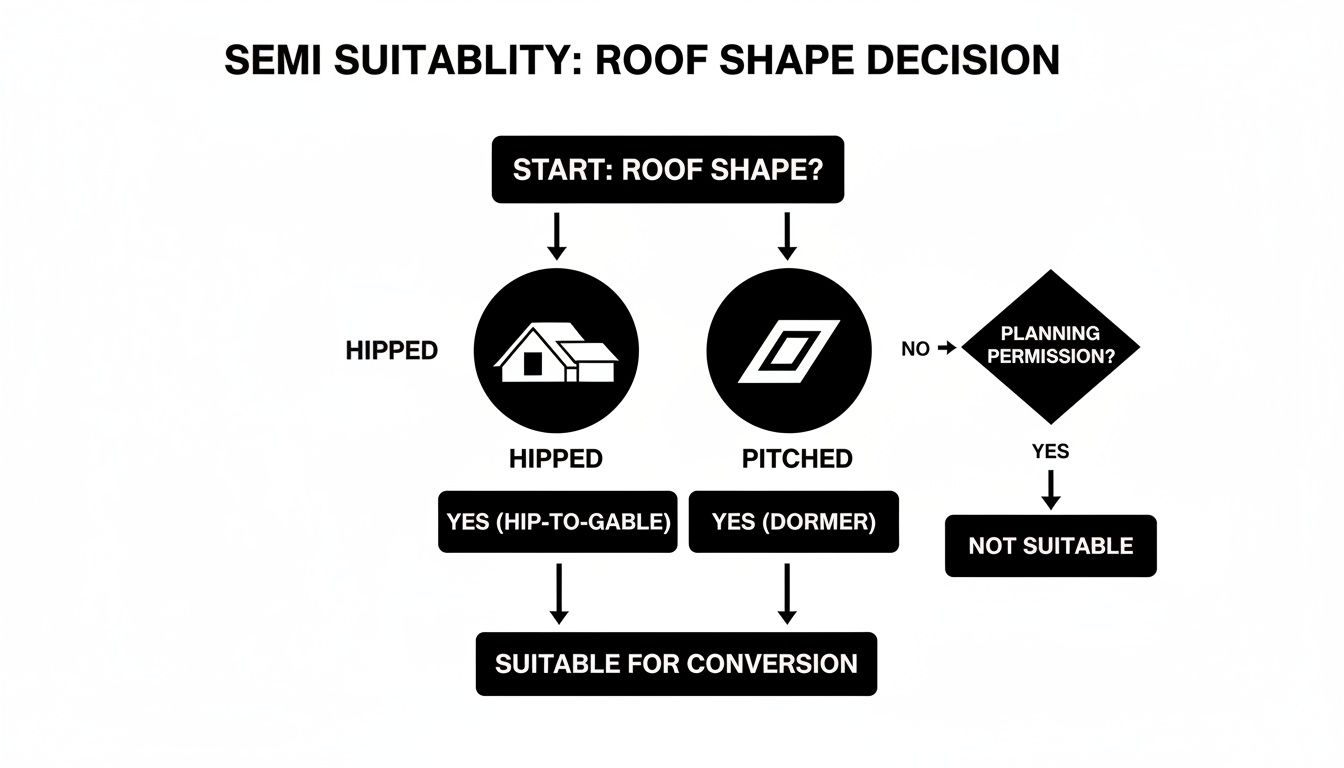 Flowchart guiding roof shape decisions for loft conversions based on hip, pitched, and planning permission.