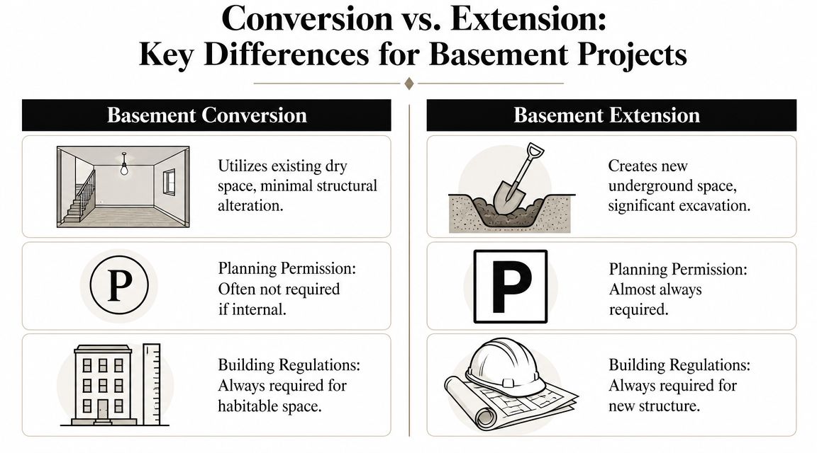 A comparison chart outlining key differences between basement conversion and basement extension projects regarding planning and regulations.